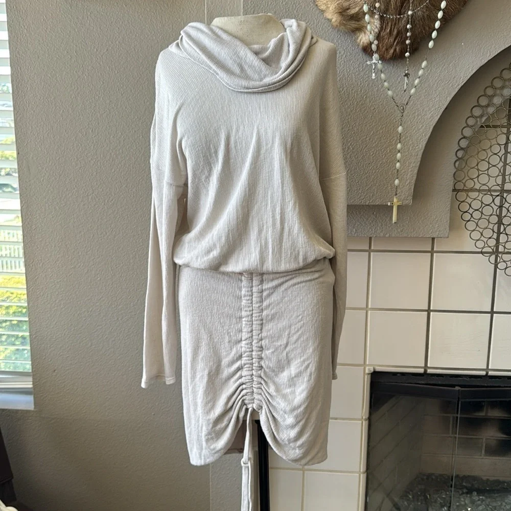 Free People Women's Sundown Cowl Neck Ruched Mini Dress size small beige color